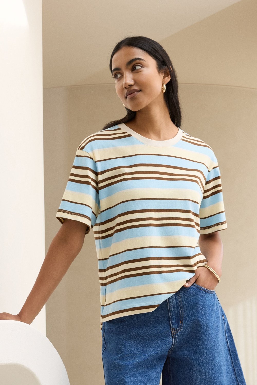 Stevie Slouchy Tee - Butter/Toffee/Fresh Blue Stripe t-shirt Ceres Life