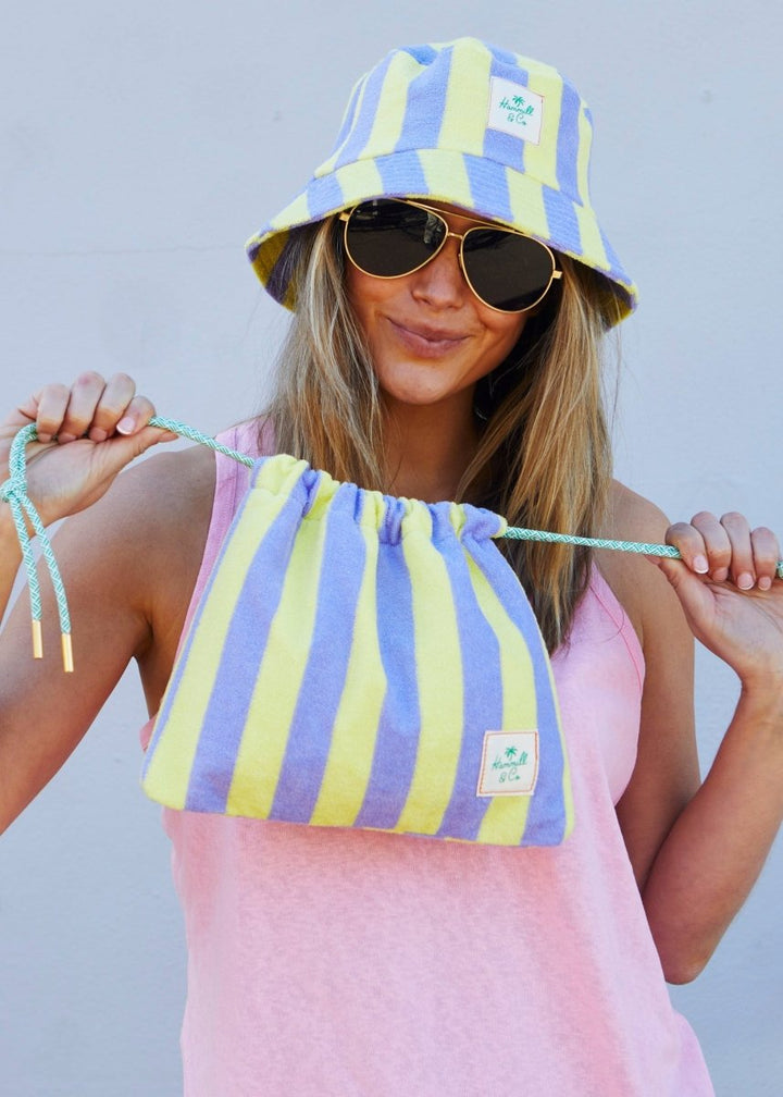 STRIPE DRAWCORD BAG - MAUVE/LEMON hammill & Co