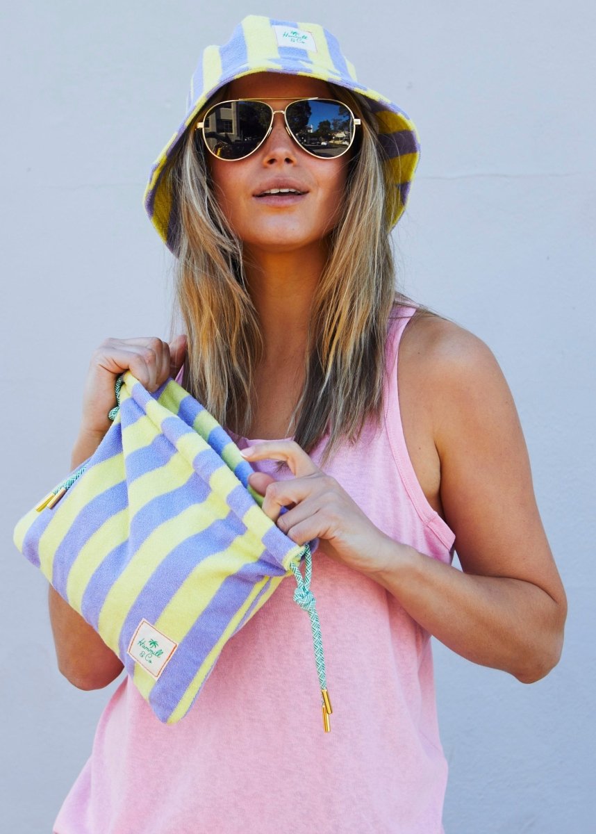 STRIPE DRAWCORD BAG - MAUVE/LEMON hammill & Co