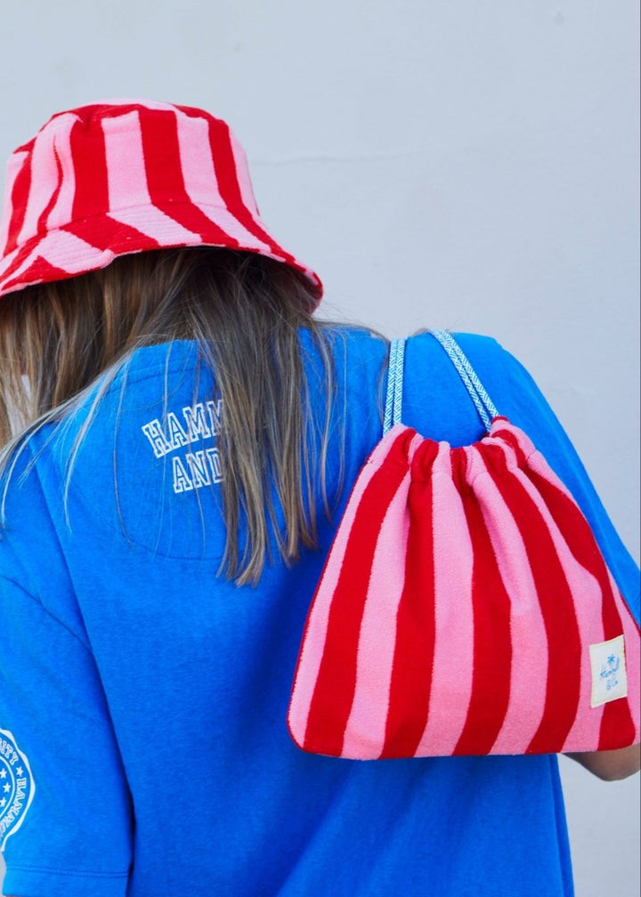 STRIPE DRAWCORD BAG - PINK/RED hammill & Co