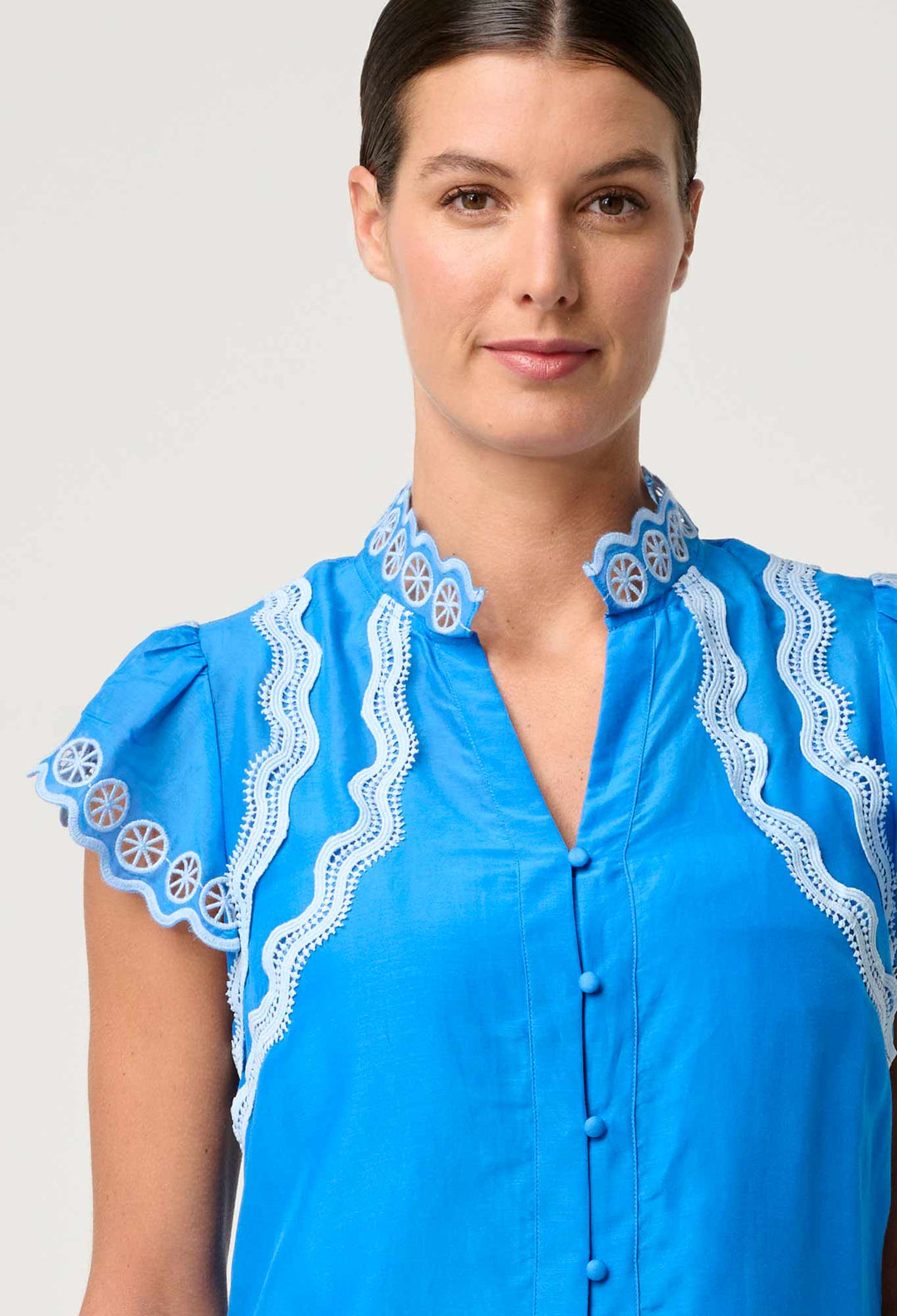 Thalassa Embroidered Silk Cotton Flutter Sleeve Top in Blue Topaz blouse Once Was
