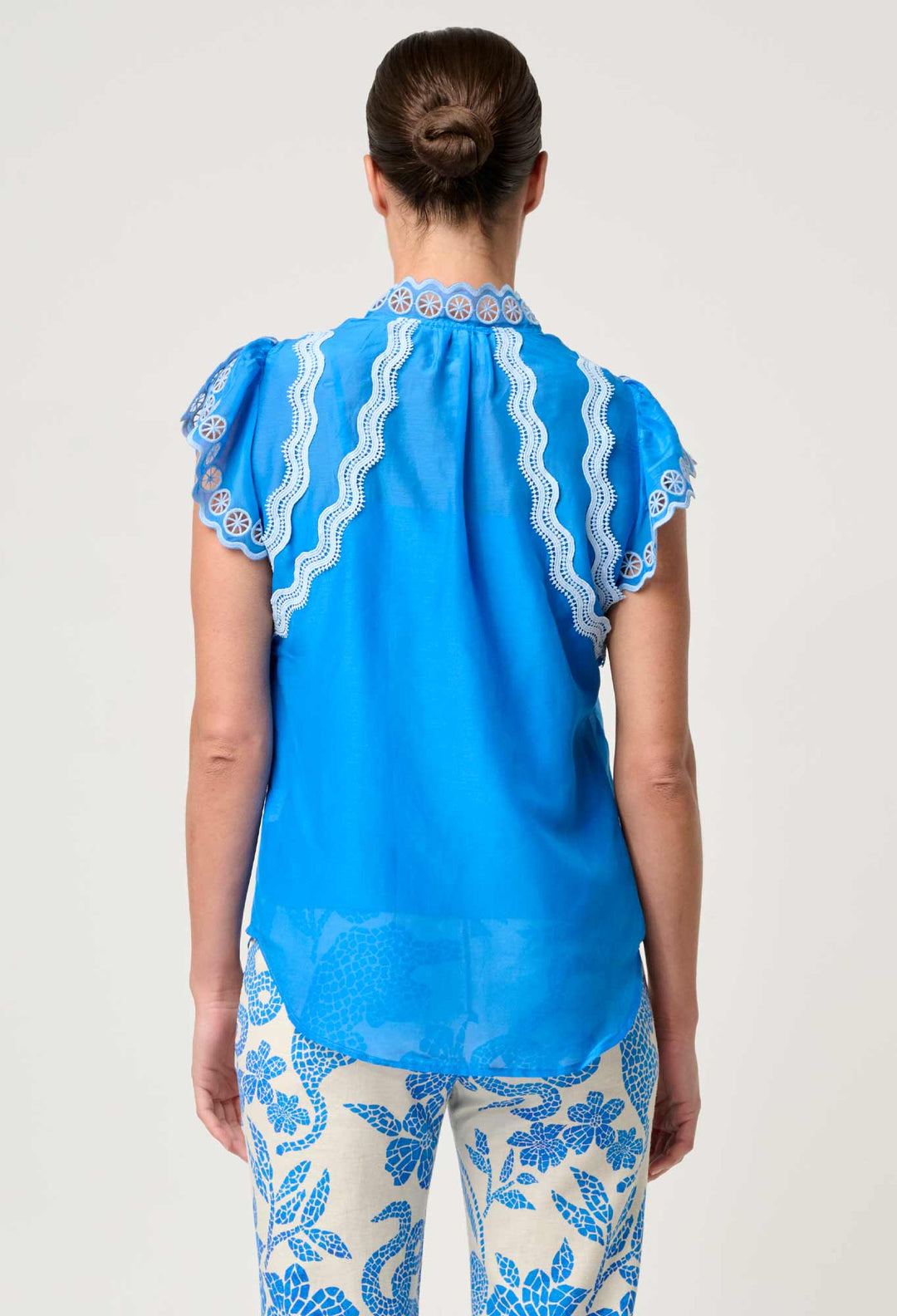 Thalassa Embroidered Silk Cotton Flutter Sleeve Top in Blue Topaz blouse Once Was