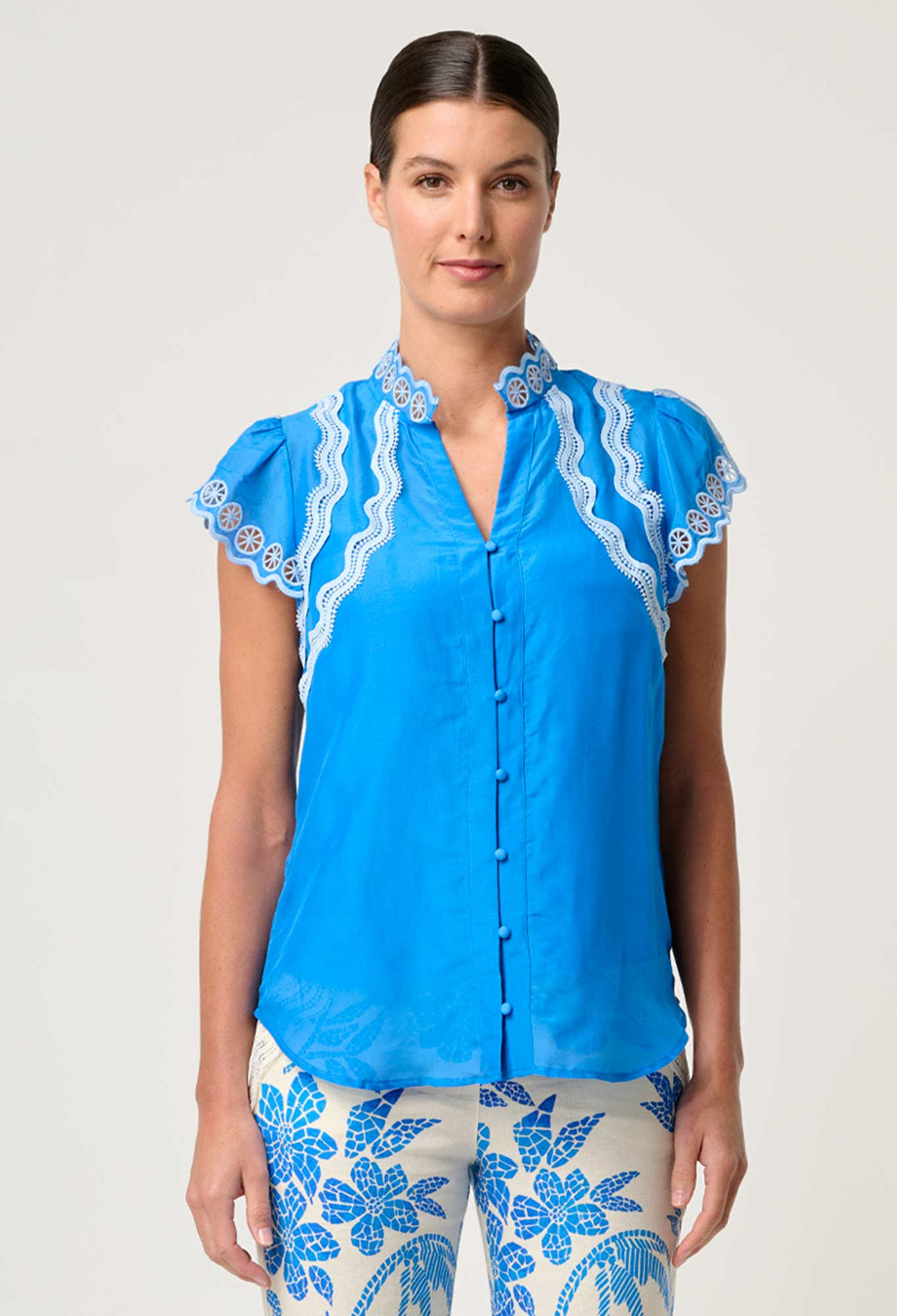 Thalassa Embroidered Silk Cotton Flutter Sleeve Top in Blue Topaz blouse Once Was