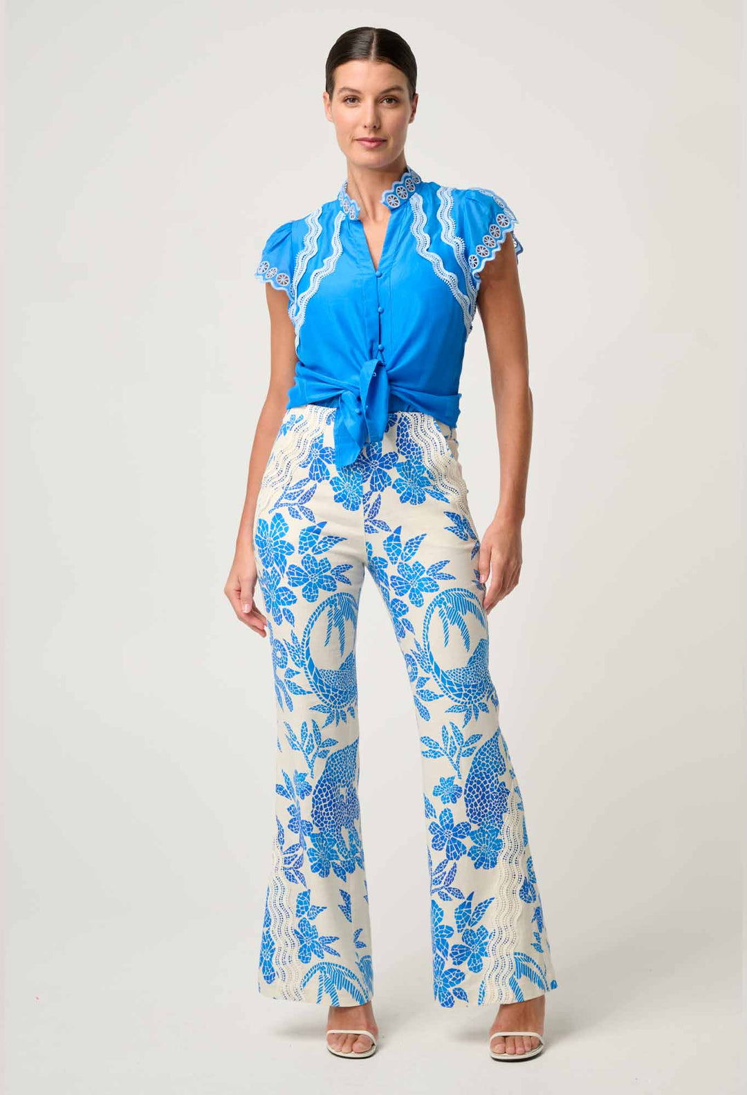 Thalassa Embroidered Silk Cotton Flutter Sleeve Top in Blue Topaz blouse Once Was