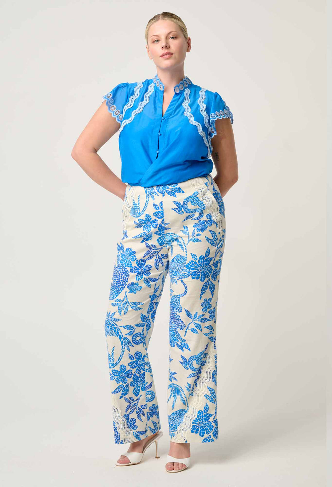Thalassa Embroidered Silk Cotton Flutter Sleeve Top in Blue Topaz blouse Once Was