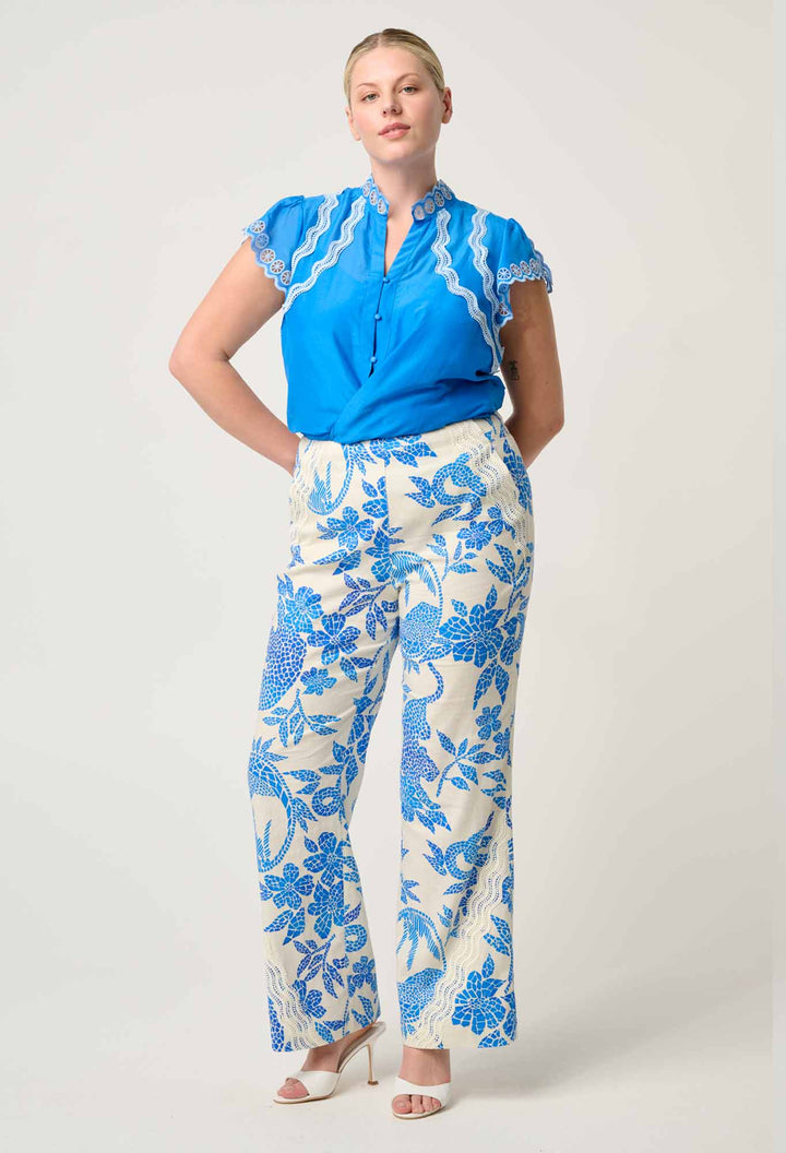 Thalassa Embroidered Silk Cotton Flutter Sleeve Top in Blue Topaz blouse Once Was