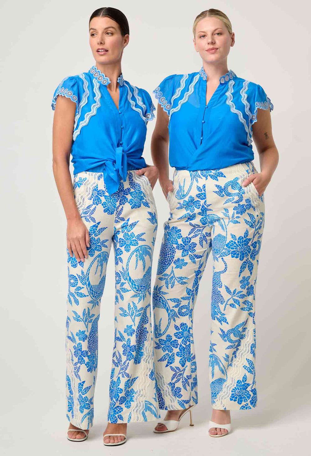 Thalassa Embroidered Silk Cotton Flutter Sleeve Top in Blue Topaz blouse Once Was