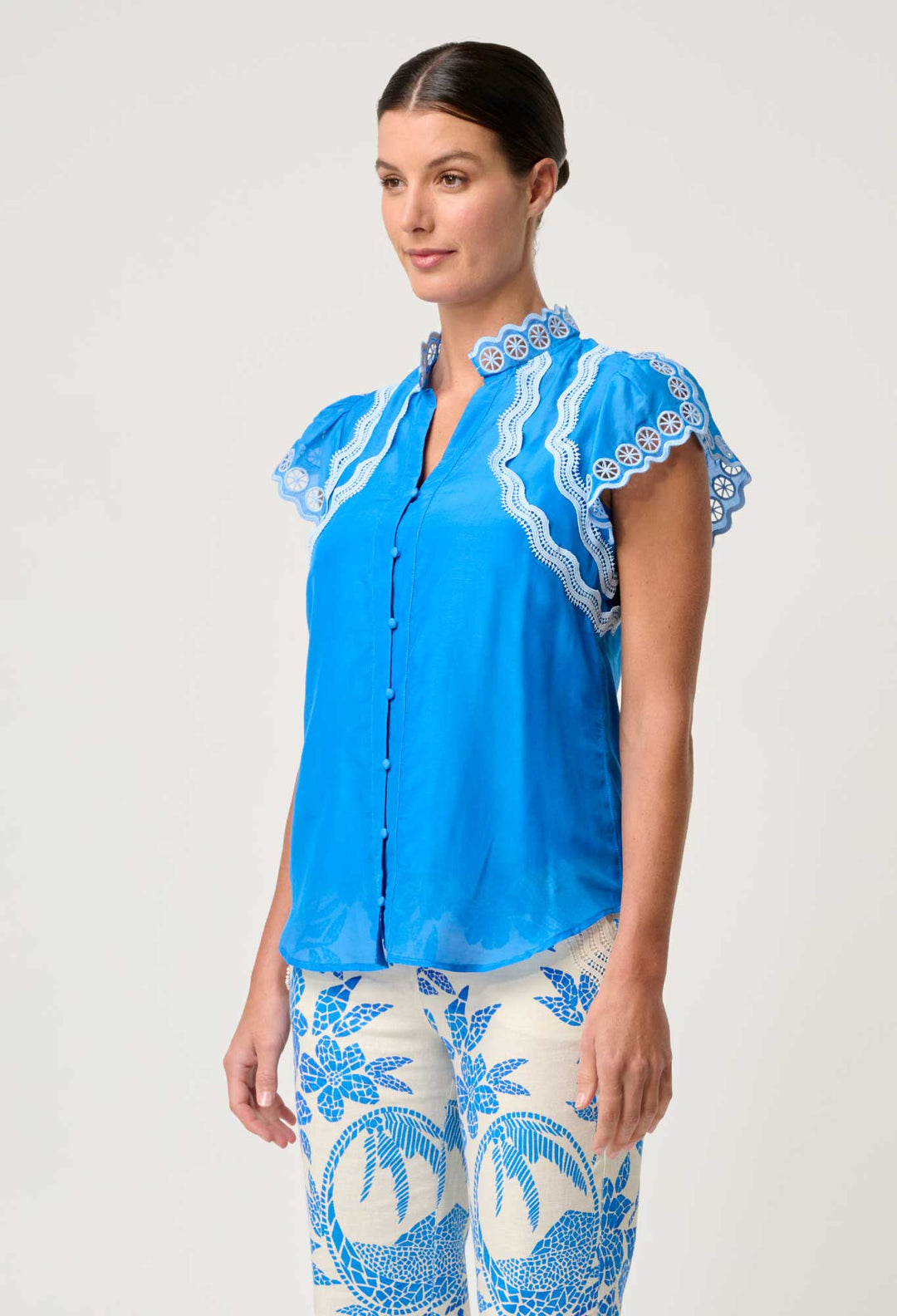 Thalassa Embroidered Silk Cotton Flutter Sleeve Top in Blue Topaz blouse Once Was
