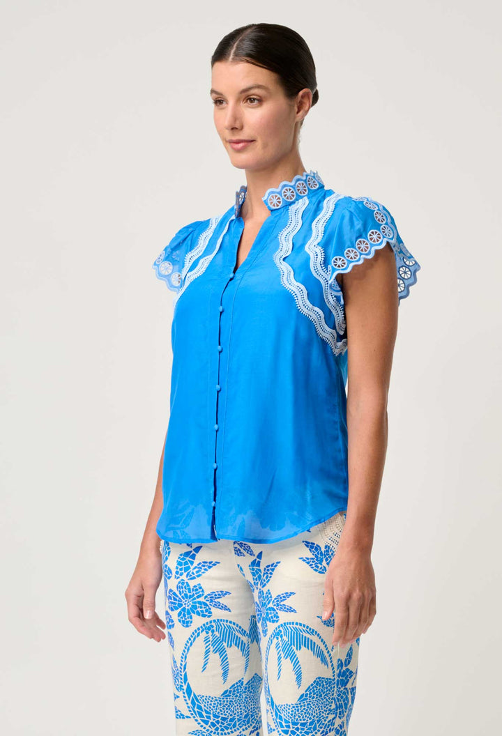 Thalassa Embroidered Silk Cotton Flutter Sleeve Top in Blue Topaz blouse Once Was