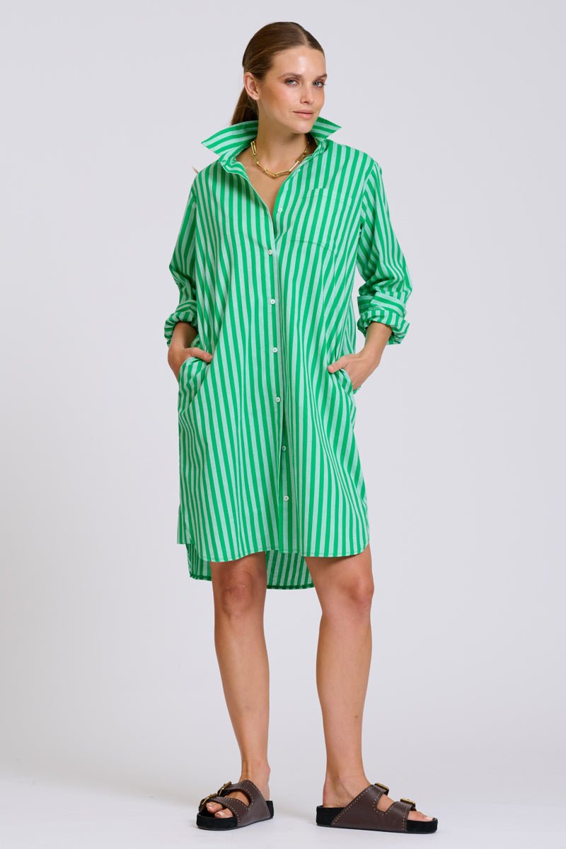 The Classic Cotton Shirt Dress - Double Green Stripe Shirty