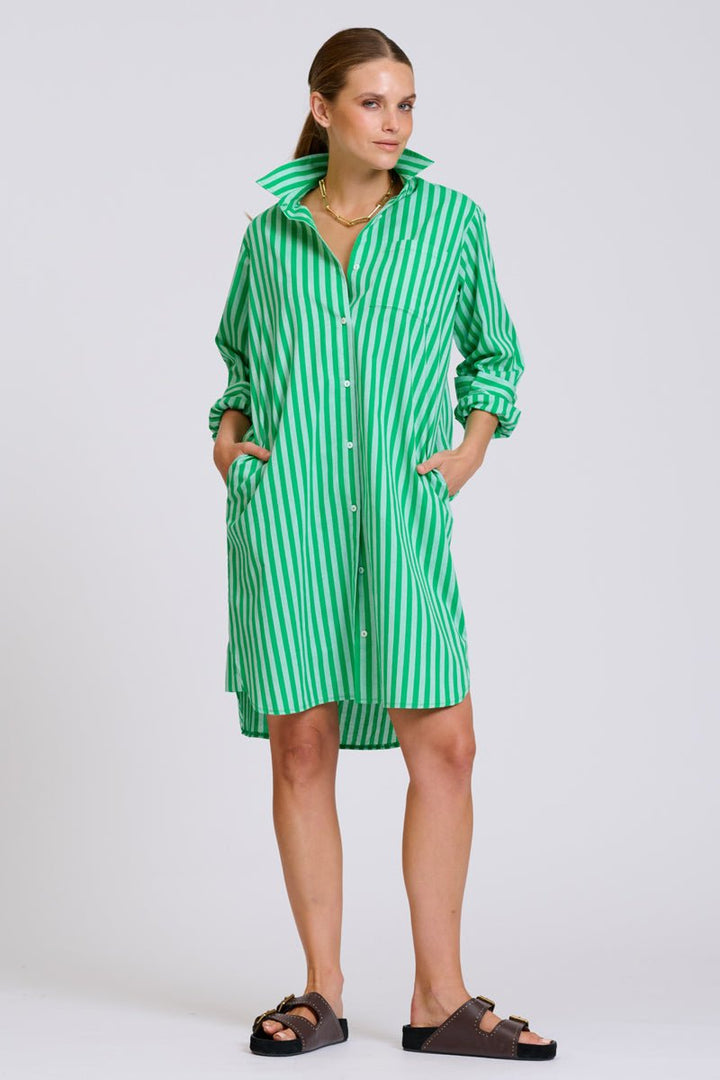 The Classic Cotton Shirt Dress - Double Green Stripe Shirty