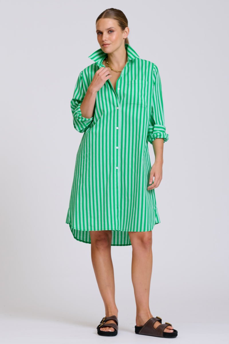 The Classic Cotton Shirt Dress - Double Green Stripe Shirty