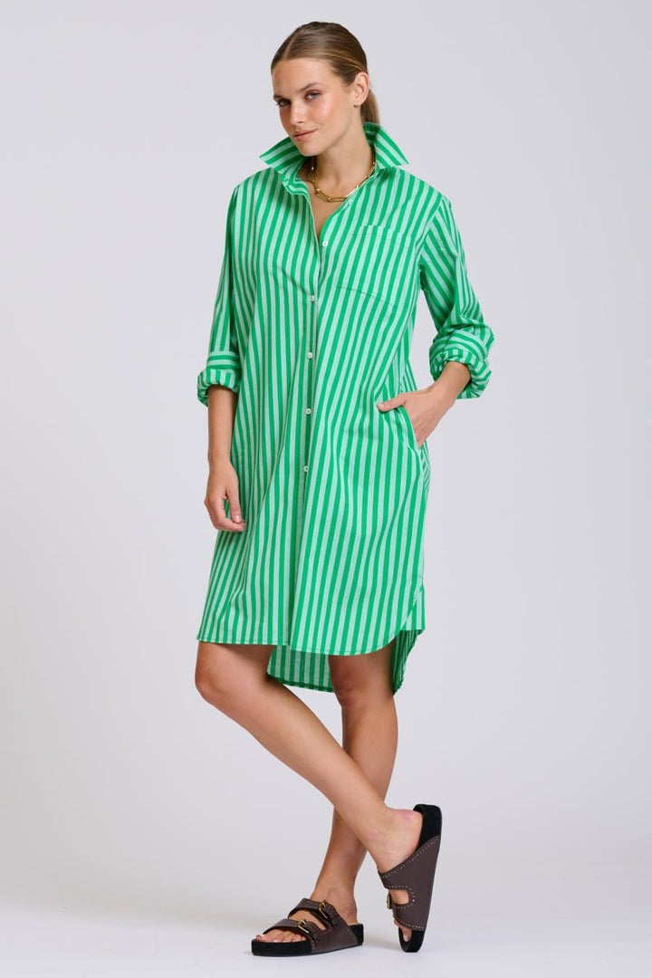 The Classic Cotton Shirt Dress - Double Green Stripe Shirty
