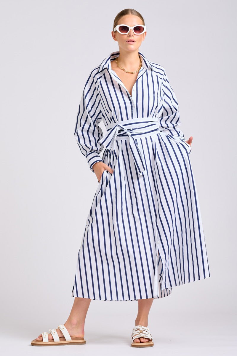 The Gigi Relaxed Dress - White with Navy Stripe Dresses Shirty