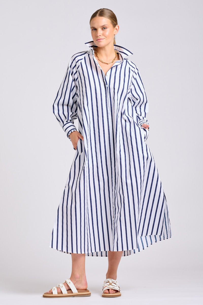 The Gigi Relaxed Dress - White with Navy Stripe Dresses Shirty