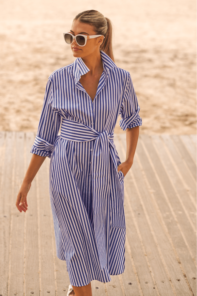 The Luna Oversized Long Shirtdress - Blue/White Stripe Shirty