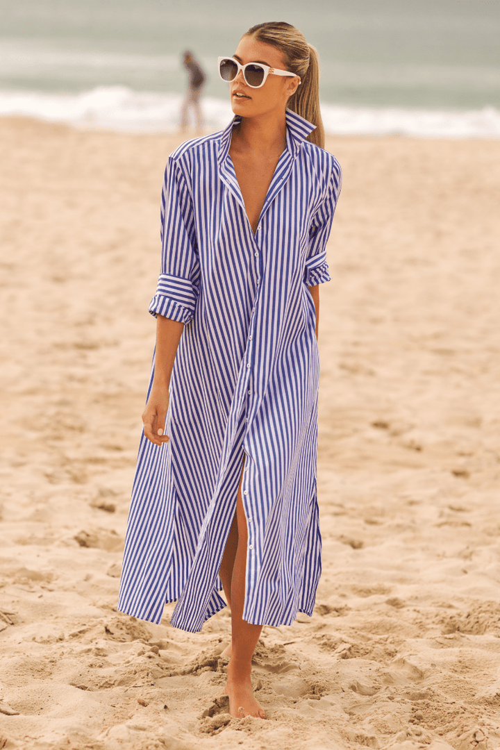The Luna Oversized Long Shirtdress - Blue/White Stripe Shirty