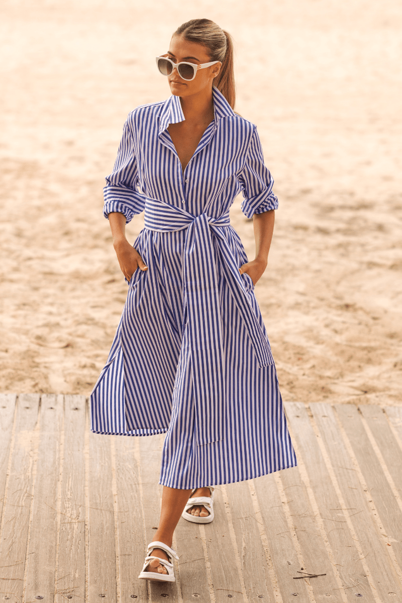 The Luna Oversized Long Shirtdress - Blue/White Stripe Shirty
