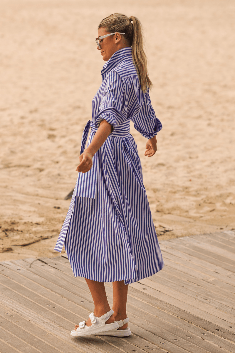 The Luna Oversized Long Shirtdress - Blue/White Stripe Shirty