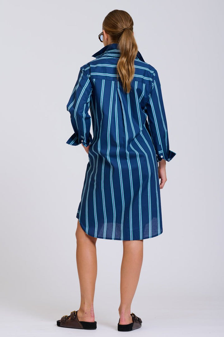 The Popover Shirtdress - Navy with Green Stripe Shirty