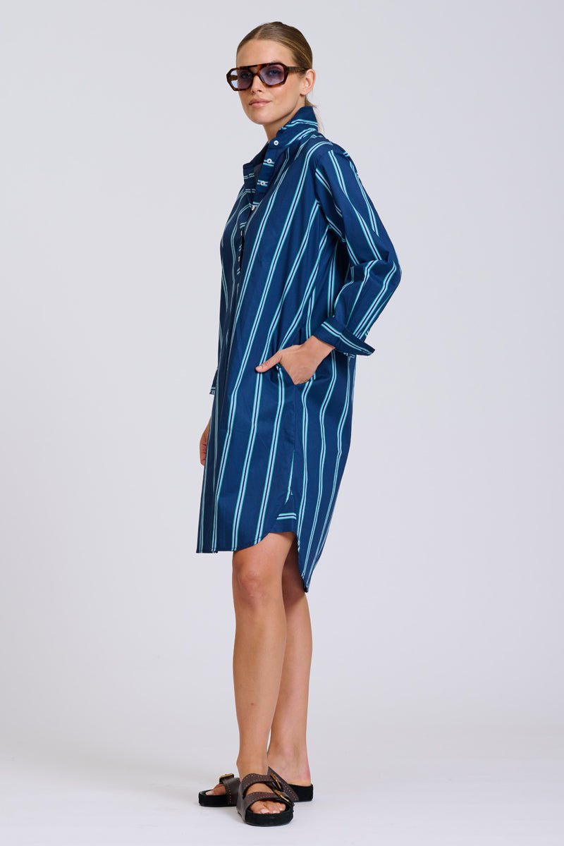 The Popover Shirtdress - Navy with Green Stripe Shirty
