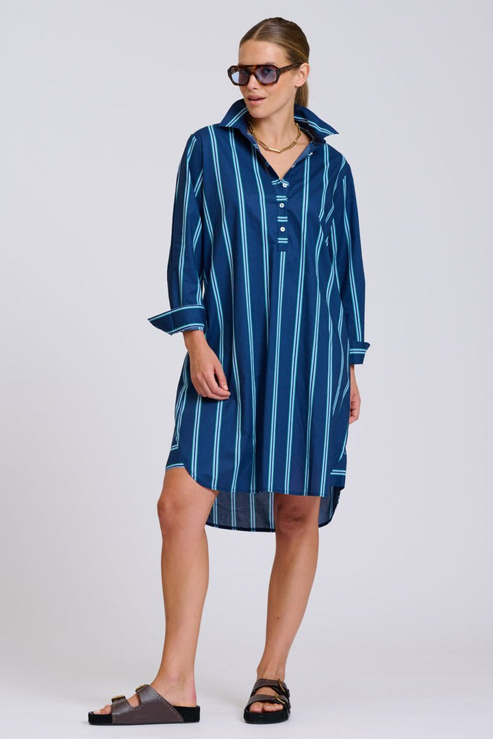 The Popover Shirtdress - Navy with Green Stripe Shirty