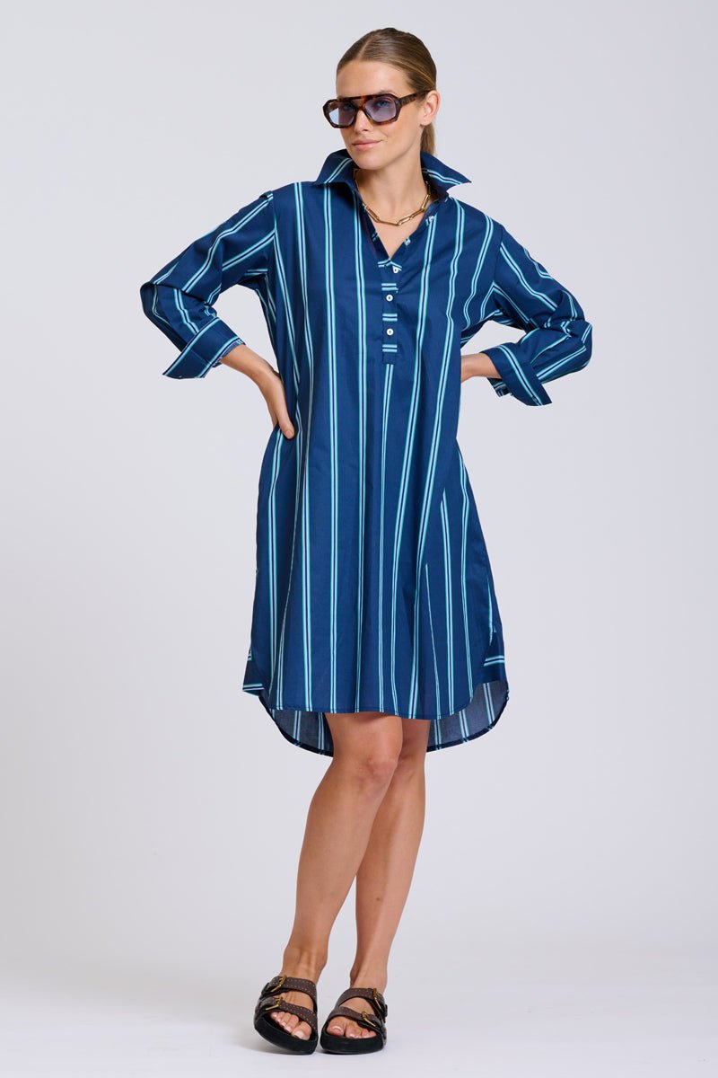 The Popover Shirtdress - Navy with Green Stripe Shirty