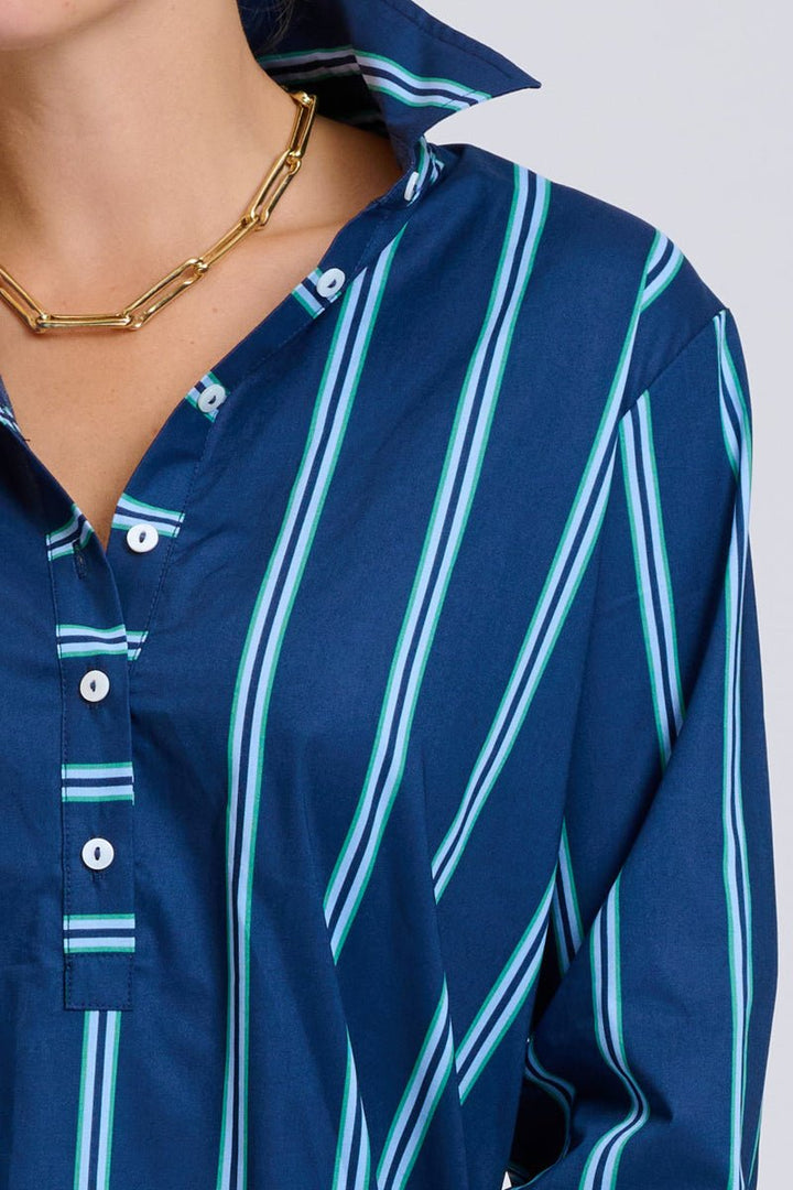 The Popover Shirtdress - Navy with Green Stripe Shirty