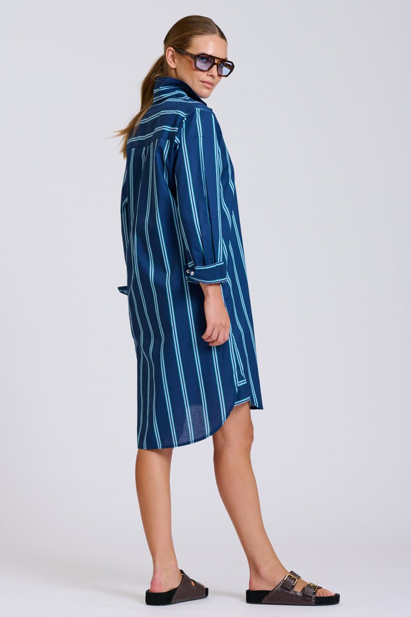 The Popover Shirtdress - Navy with Green Stripe Shirty