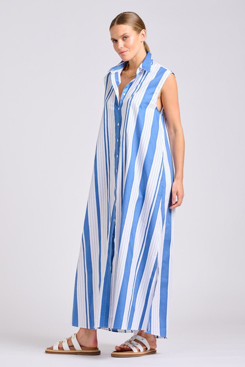 The Sabine Dress - Azure Retro Stripe Shirty