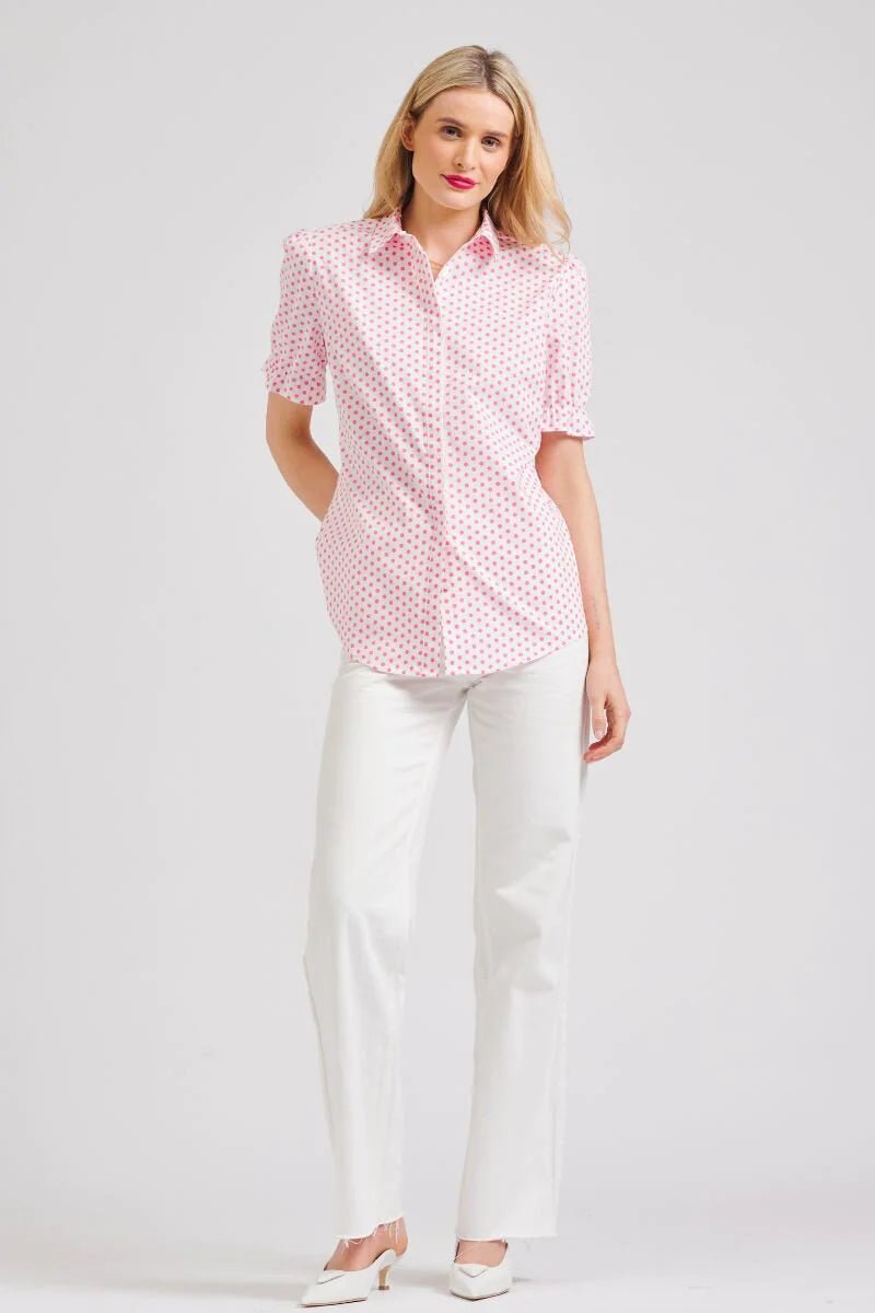 The Serena Relaxed Short Sleeve Shirt - White/Pink Spot Shirts Shirty