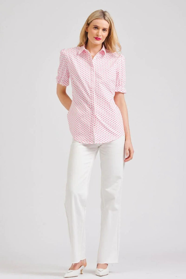 The Serena Relaxed Short Sleeve Shirt - White/Pink Spot Shirts Shirty