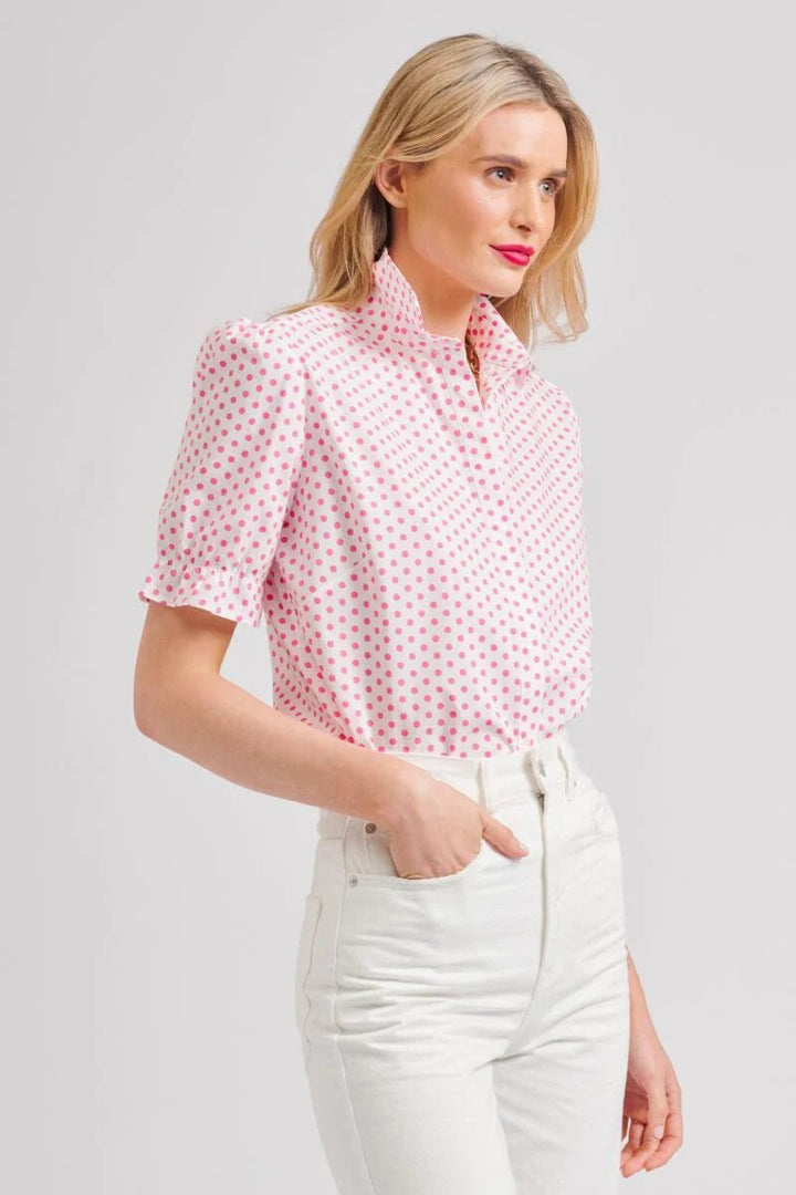 The Serena Relaxed Short Sleeve Shirt - White/Pink Spot Shirts Shirty