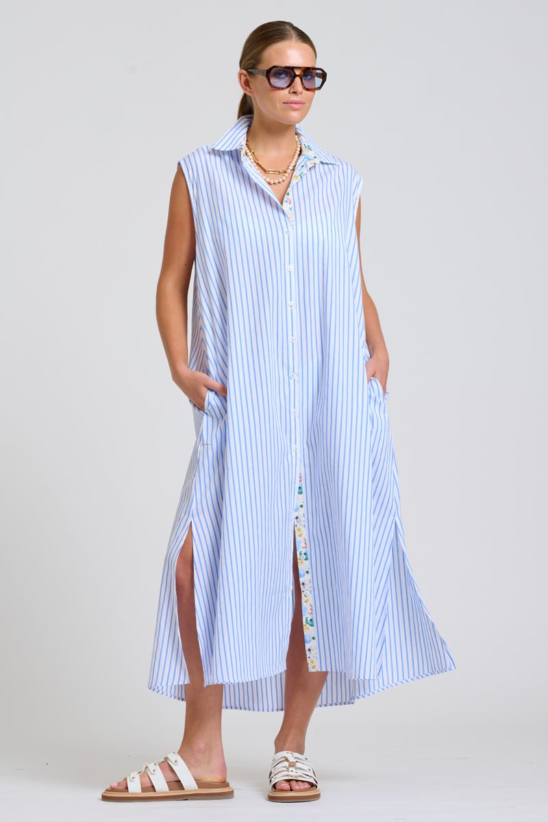The Sloane Oversized Sleeveless Shirt Dress - White with Blue Stripe Floral Trim Shirty