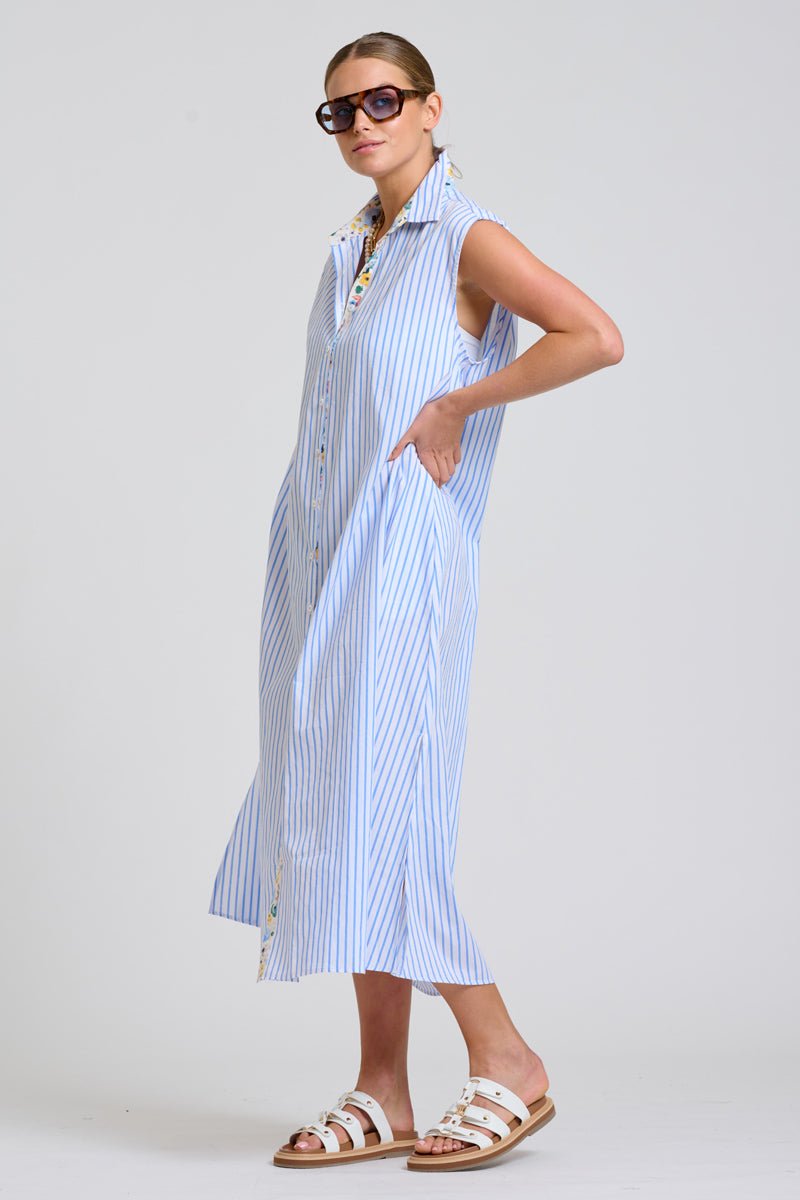 The Sloane Oversized Sleeveless Shirt Dress - White with Blue Stripe Floral Trim Shirty