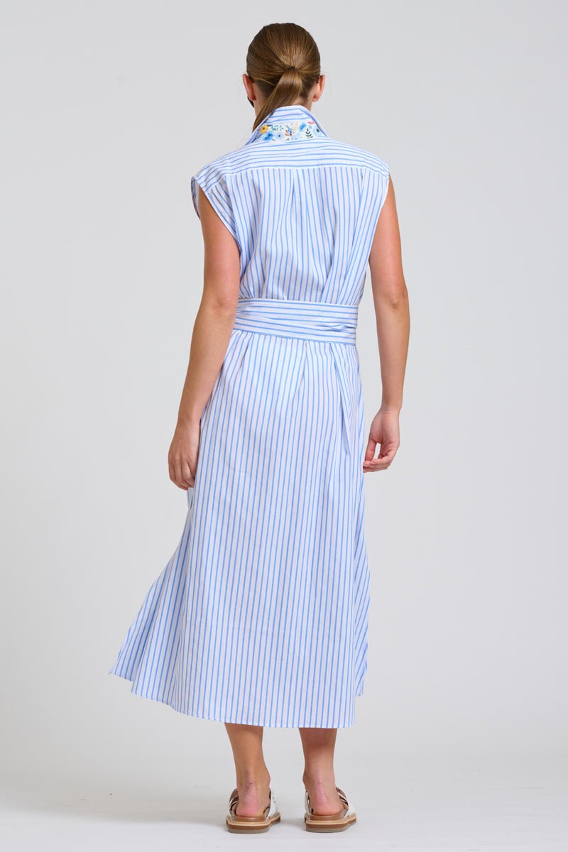The Sloane Oversized Sleeveless Shirt Dress - White with Blue Stripe Floral Trim Shirty