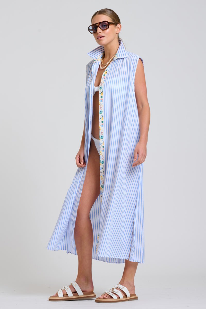 The Sloane Oversized Sleeveless Shirt Dress - White with Blue Stripe Floral Trim Shirty