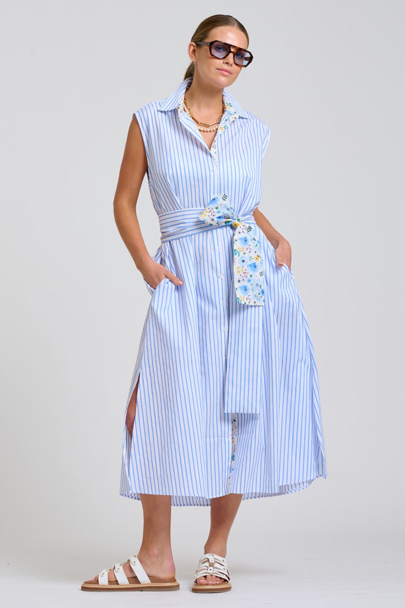 The Sloane Oversized Sleeveless Shirt Dress - White with Blue Stripe Floral Trim Shirty