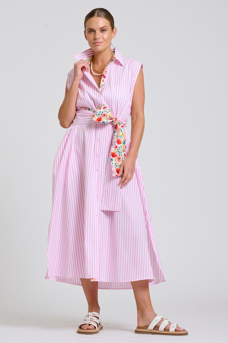The Sloane Oversized Sleeveless Shirt Dress - White with Pink Stripe Floral Trim Shirty