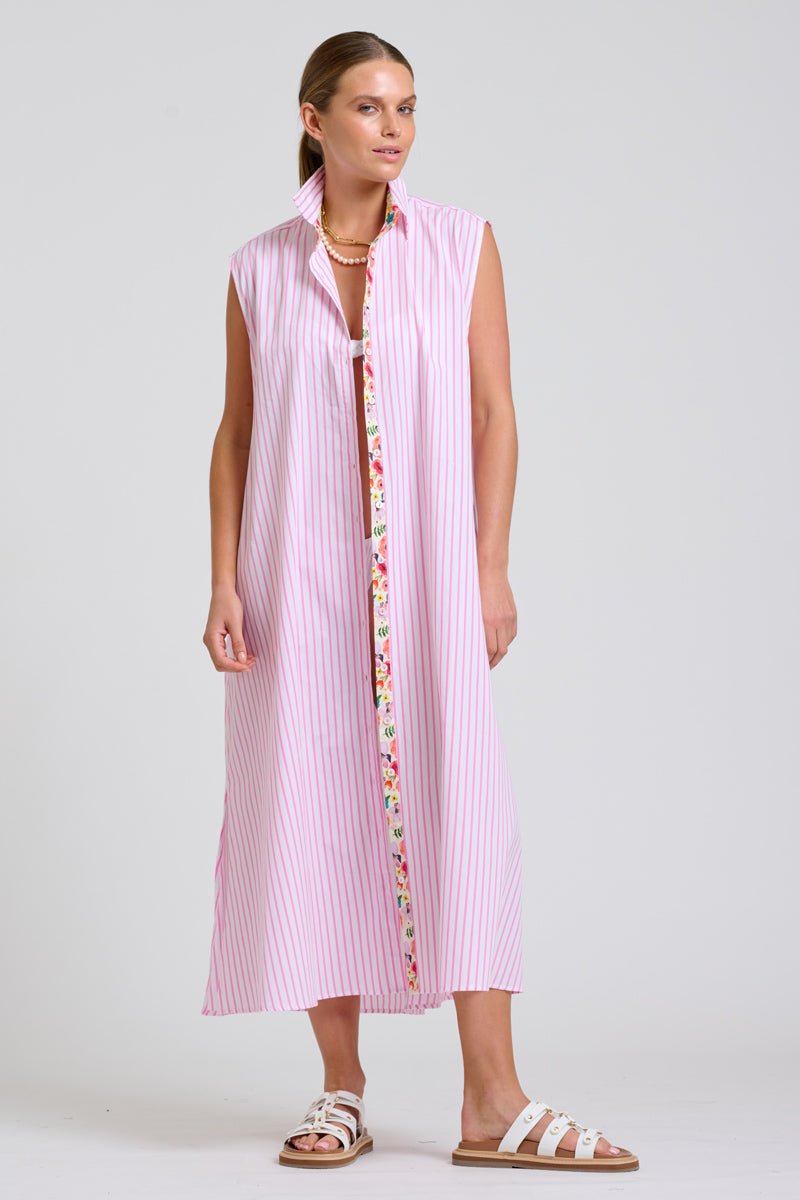 The Sloane Oversized Sleeveless Shirt Dress - White with Pink Stripe Floral Trim Shirty
