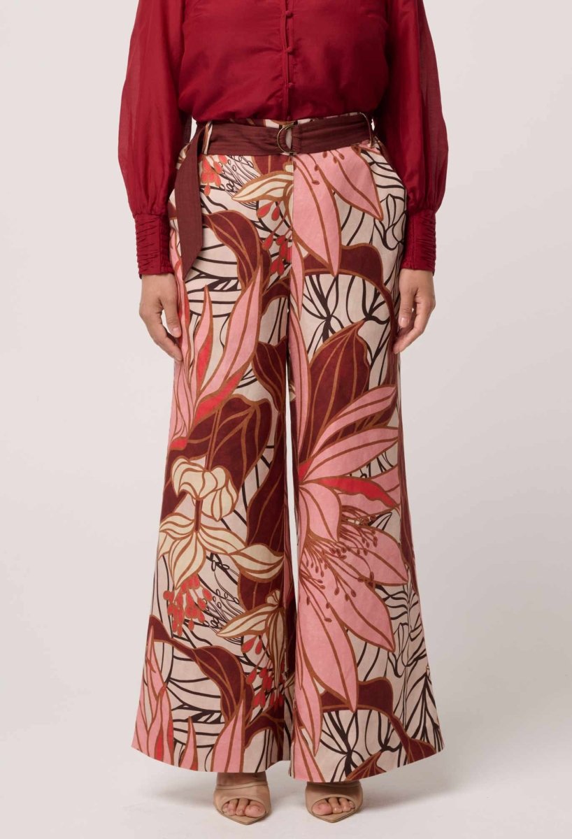 UNDER 5"4 Adele Linen Viscose Belted Printed Pant in Cathedral Botanic Pant Once Was