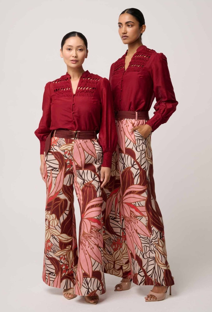 UNDER 5"4 Adele Linen Viscose Belted Printed Pant in Cathedral Botanic Pant Once Was