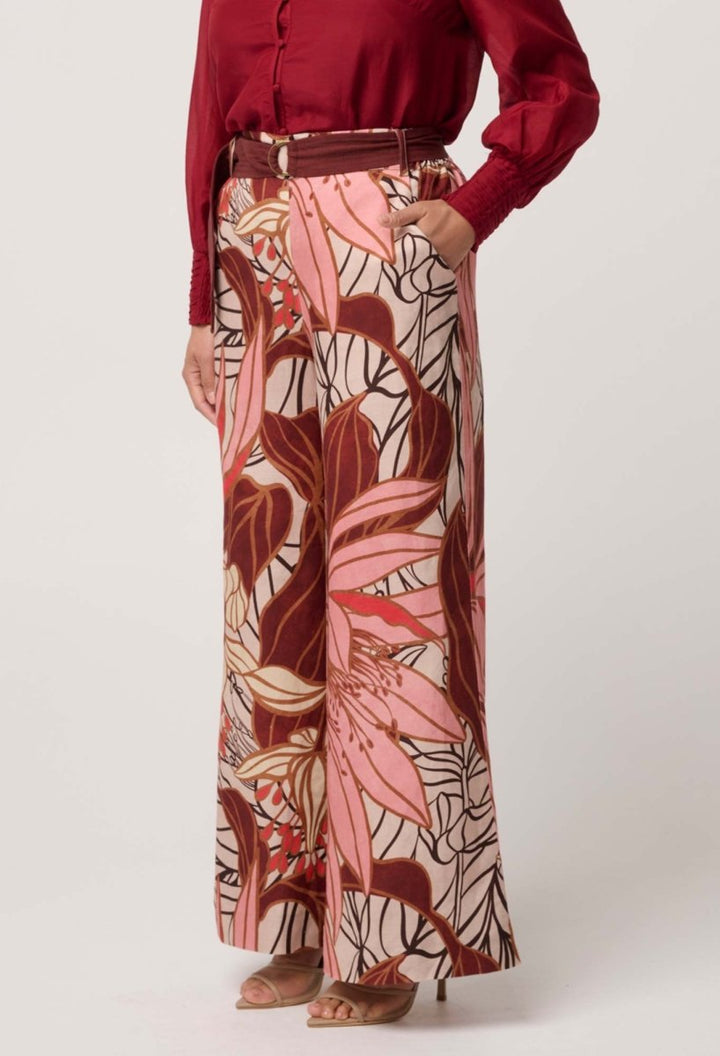 UNDER 5"4 Adele Linen Viscose Belted Printed Pant in Cathedral Botanic Pant Once Was