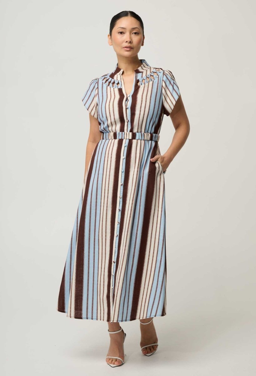 UNDER 5'4 Cattleya Linen Viscose Maxi Dress in Iridescent Stripe Dress Once Was