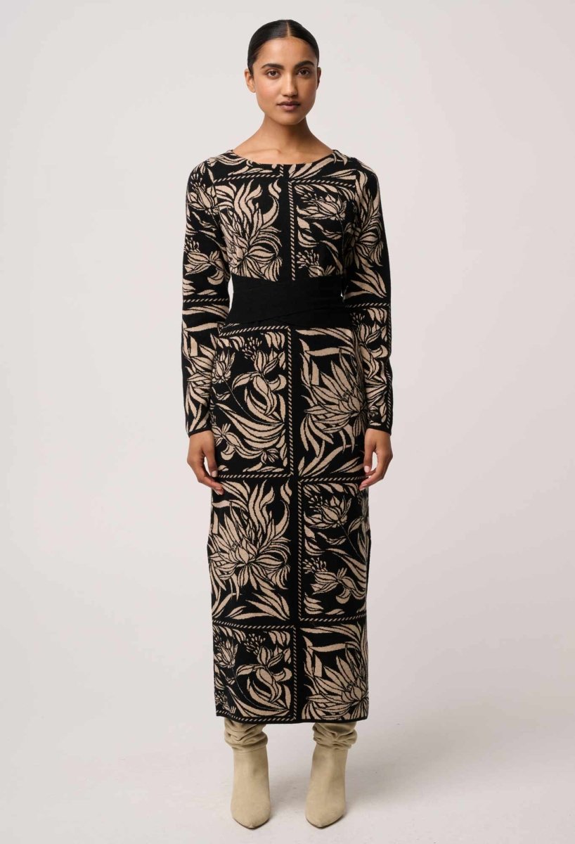 Wanderer Merino Wool Blend Floral Knit Dress in Flora Deco OnceWas