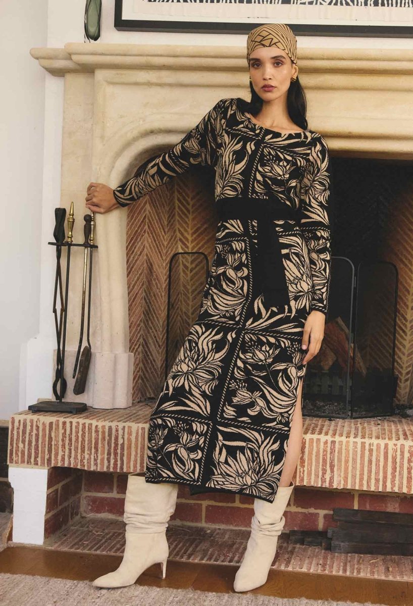 Wanderer Merino Wool Blend Floral Knit Dress in Flora Deco OnceWas