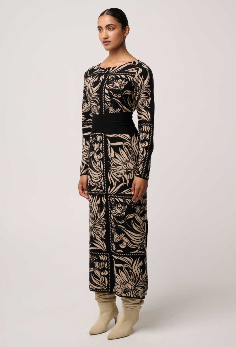 Wanderer Merino Wool Blend Floral Knit Dress in Flora Deco OnceWas
