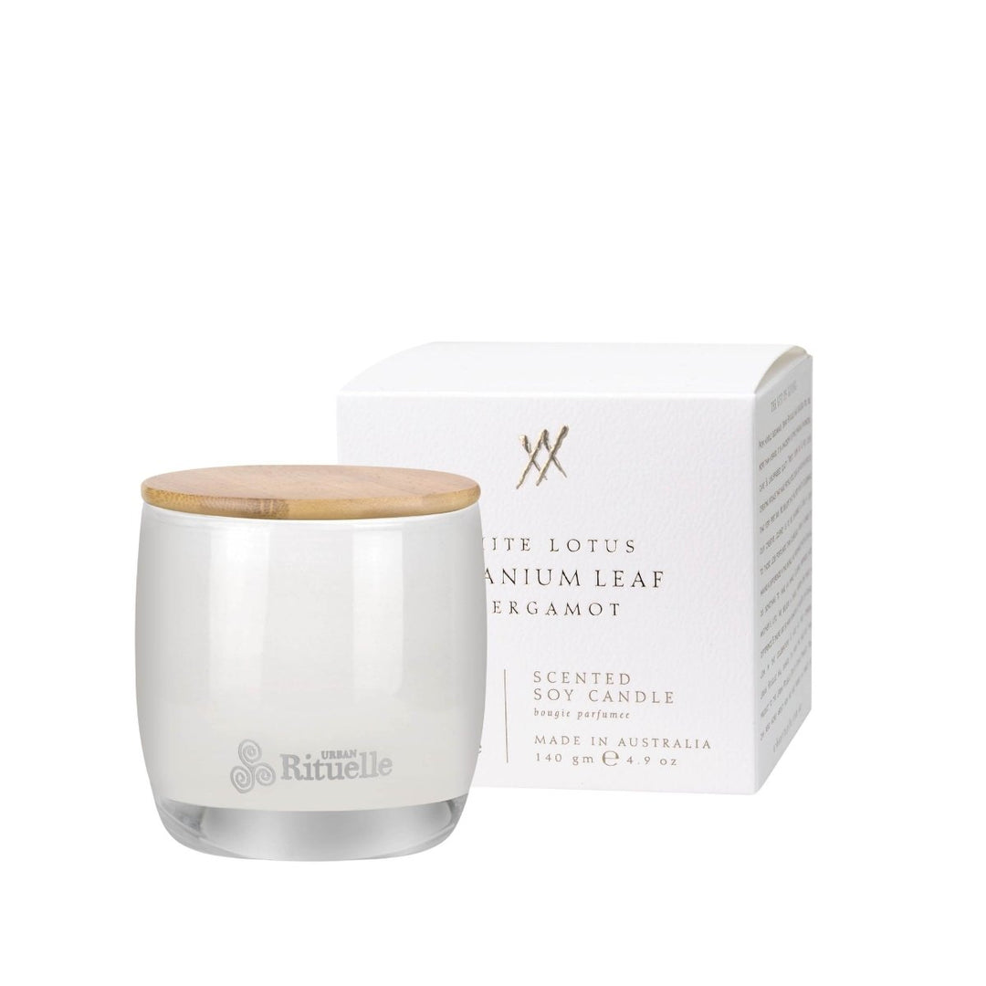 White Lotus, Geranium Leaf & Bergamot<br> Scented Soy Candle | 140gm Urban Rituelle