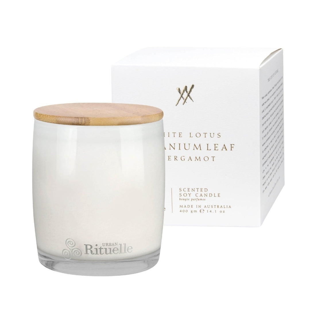 White Lotus, Geranium Leaf & Bergamot<br> Scented Soy Candle | 400gm Urban Rituelle