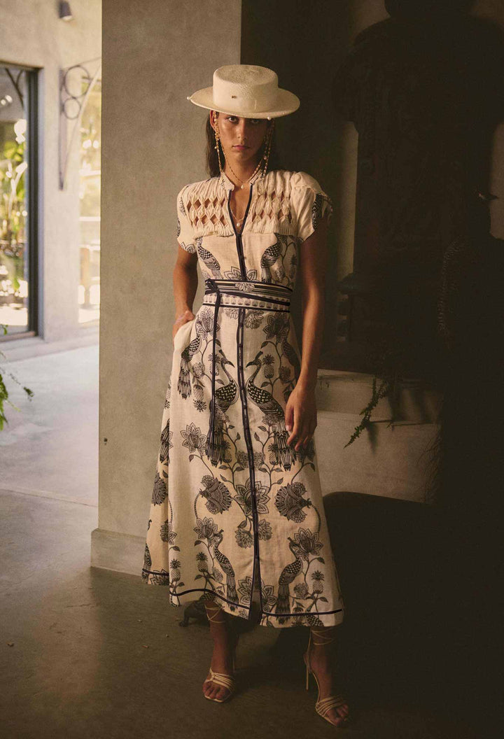 Xanthia Diamond Smock Yoke Linen Viscose Dress in Imperial Stone Dress Once Was